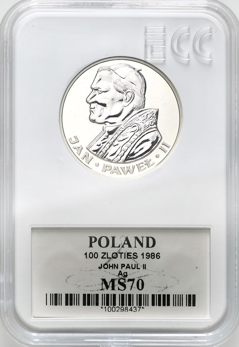 PRL. 100 złotych 1986 Papież Jan Paweł II, stempel zwykły GCN MS70 – RZADKIE